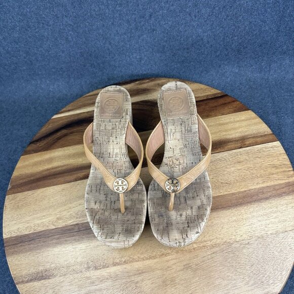 Tory Burch Brown Cork Wedge Heel Thong Sandals Logo Women's 6.5M - Picture 4 of 12